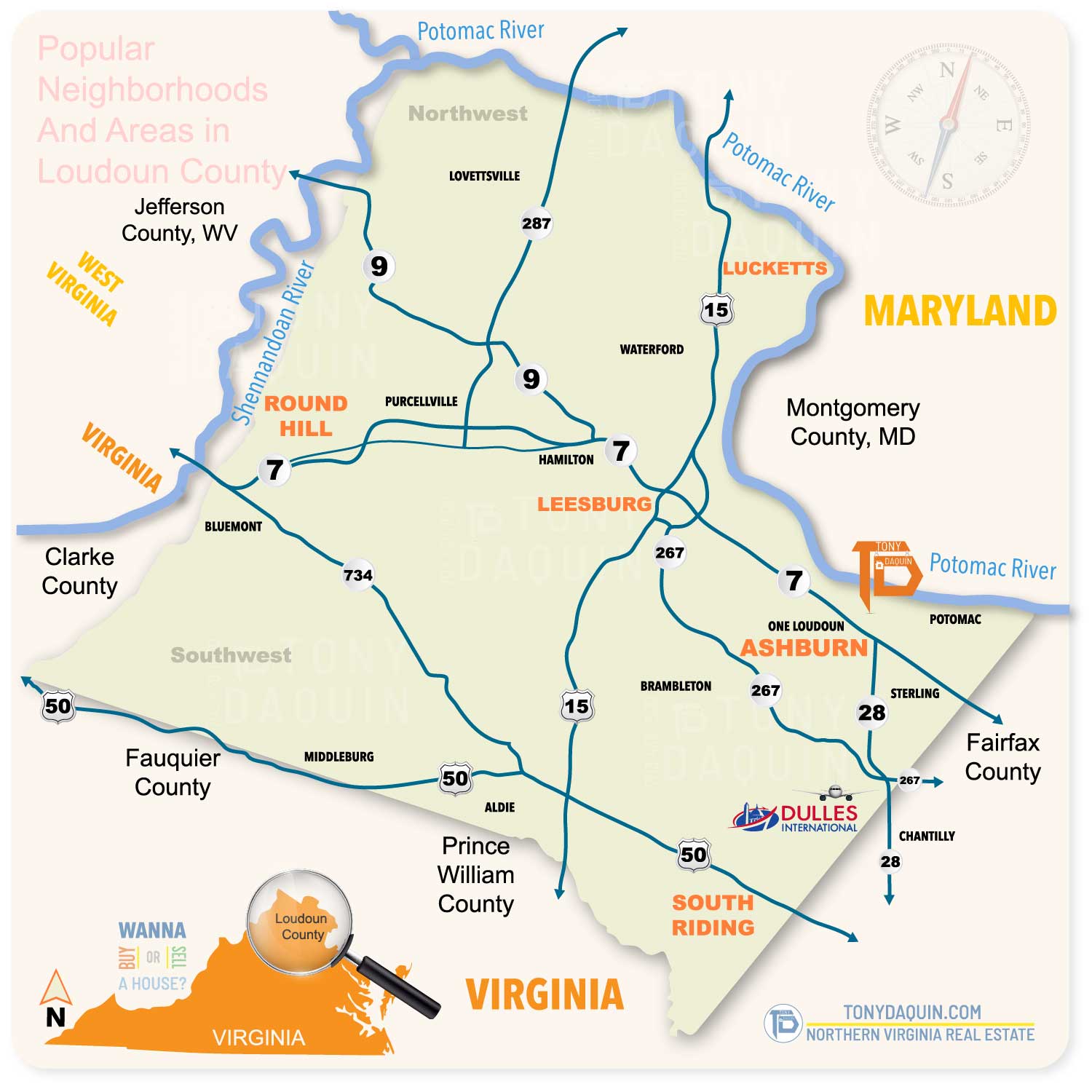 Homebuyer Map of Loudoun County VA with the Washington & Old Dominion Trail (W&OD). 72 miles of trails through the Northern Virginia Counties